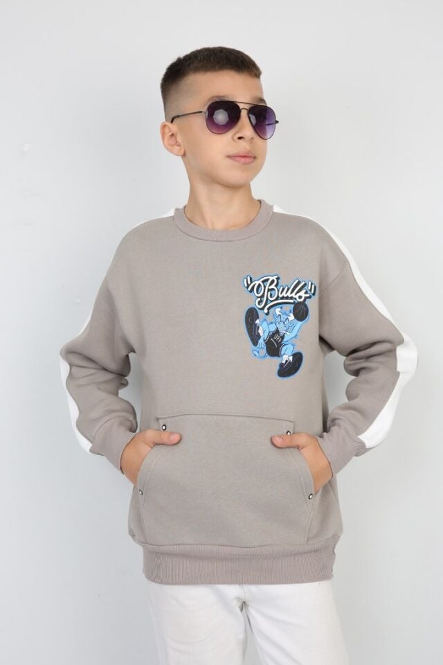 Üç İplik Şardonlu Arka Baskılı Erkek Çocuk Günlük Sweatshirt