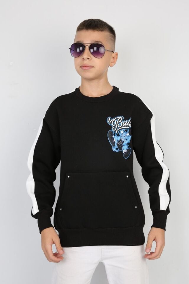 Üç İplik Şardonlu Arka Baskılı Erkek Çocuk Günlük Sweatshirt