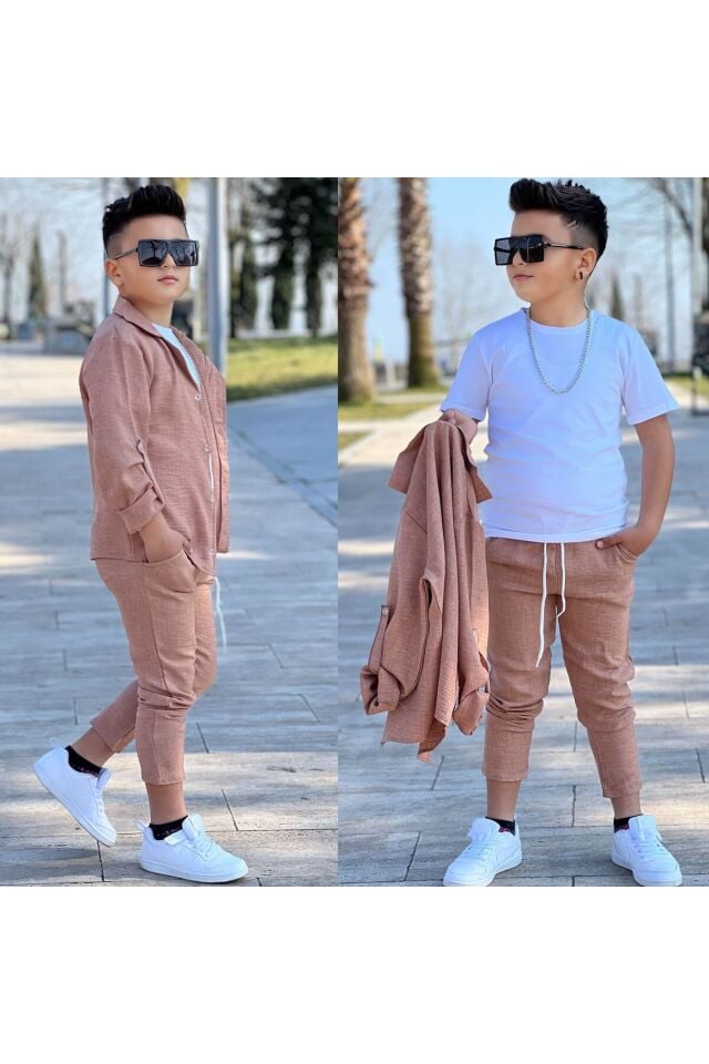 Bayramlık Erkek Çocuk Keten Gömlek / Keten Pantolon / Süprem Kısa Kol Badi 3'lü Takım